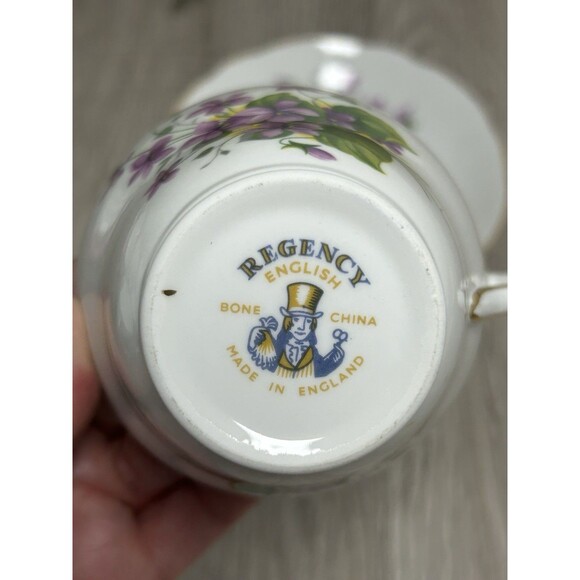 Vintage Regency English Bone China Teacup & Saucer Purple Flowers Gold Trim - Picture 6 of 8